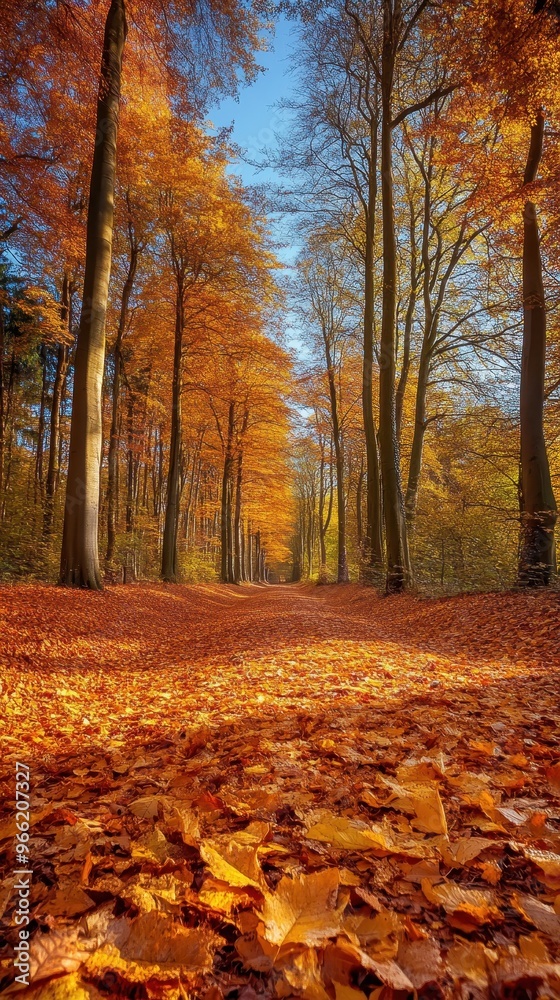 Tranquil Autumn Forest Path with Golden Leaves and Blue Sky Background Tranquil Autumn Forest Path with Golden Leaves and Blue Sky Background