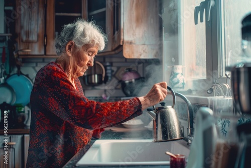 Time to put the kettle on! Elderly woman filling up a kettle while standing at her kitchen sink.