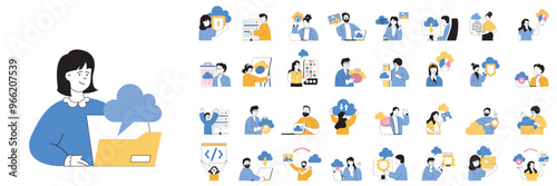 Cloud computing concept mega set with character scenes in flat design for web. Bundle situations with people doing online sync, working with digital files, using cloud storage. Vector illustrations.