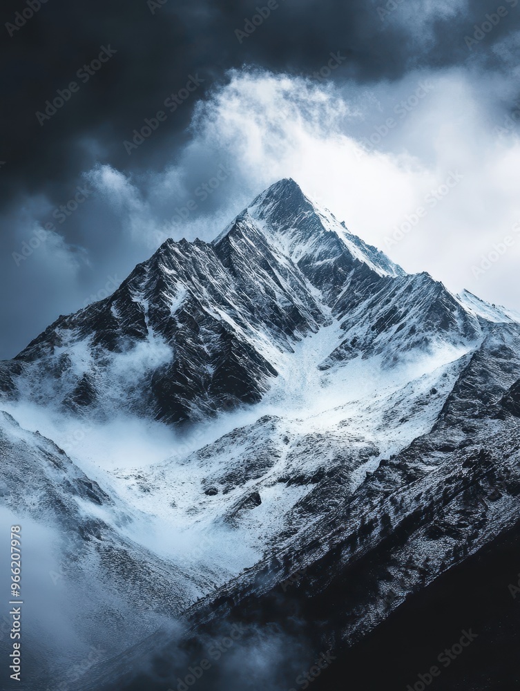 Obraz premium Majestic Snowy Mountain Peaks with Dramatic Cloud Formation and Open Sky Above