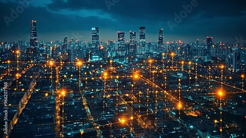 Wallpaper Mural A vibrant city skyline illuminated at dusk showcases a network of digital connections over the urban environment. Torontodigital.ca