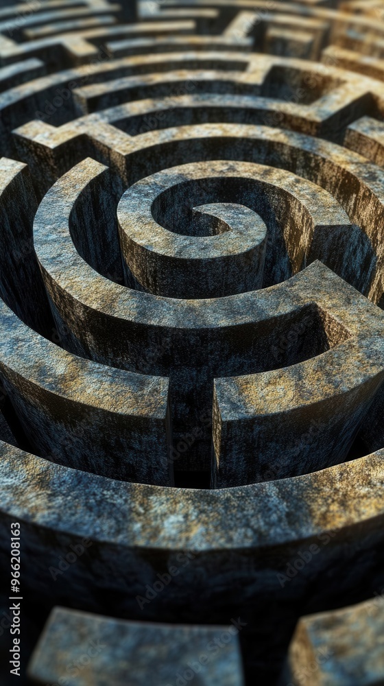 Maze with a clear solution path in the center, surrounded by complex twists and turns, maze solution, problem-solving. Maze with a clear solution path in the center, surrounded by complex twists and turns, maze solution, problem-solving.
