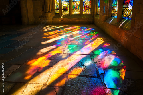 a stained glass window in an old cathedral, with the sunlight casting colorful reflections on the stone floor