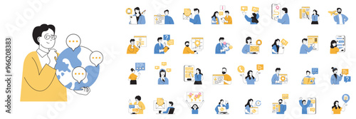 Contact us concept mega set with character scenes in flat design for web. Bundle situations with people answering calls, chatting with clients, supporting and solving problems. Vector illustrations.
