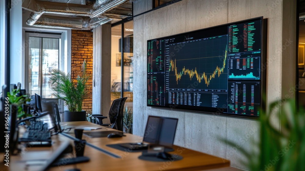 A modern office with a large wall-mounted screen displaying a dynamic gold price chart, capturing real-time changes and market activity. A modern office with a large wall-mounted screen displaying a dynamic gold price chart, capturing real-time changes and market activity.