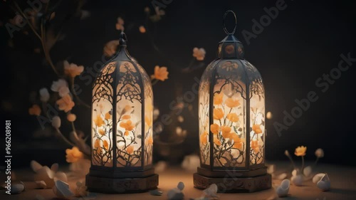 Glowing Lanterns with Flowers in Dark Room