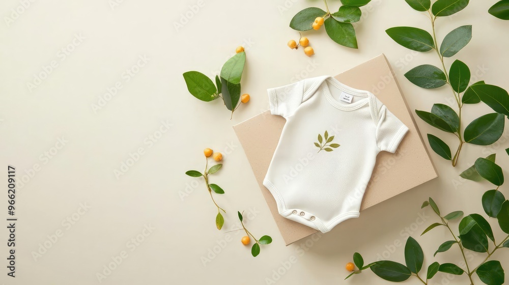 A stylish baby onesie adorned with a delicate leaf design, surrounded by natural elements for a fresh and serene look. A stylish baby onesie adorned with a delicate leaf design, surrounded by natural elements for a fresh and serene look.