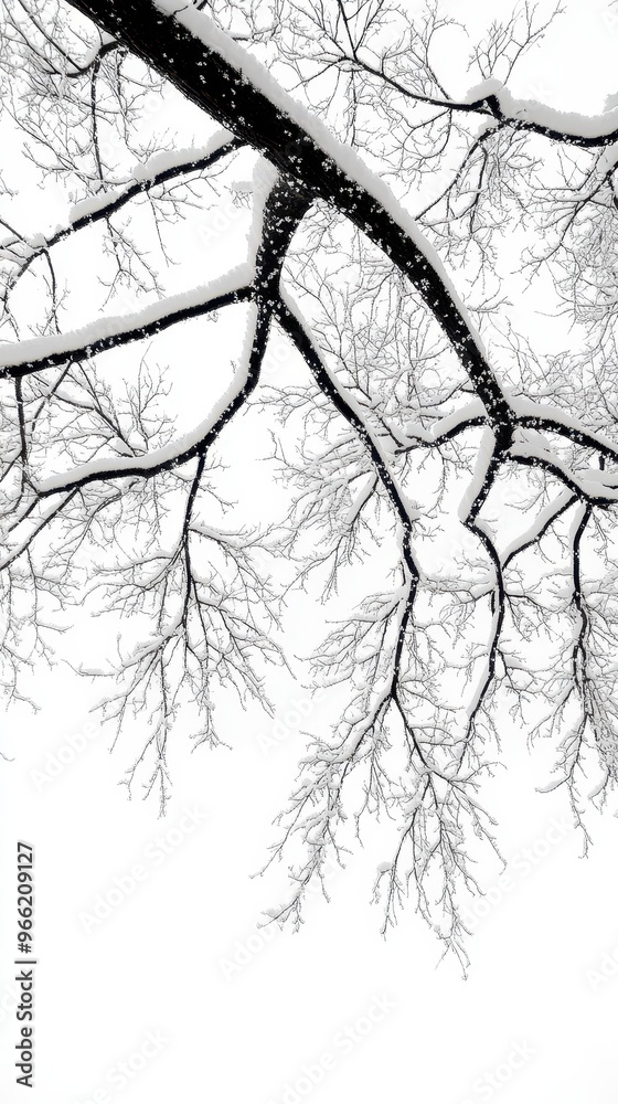 Obraz premium Tranquil Winter Scene: Snow-Covered Tree Branches Against Bright White Sky