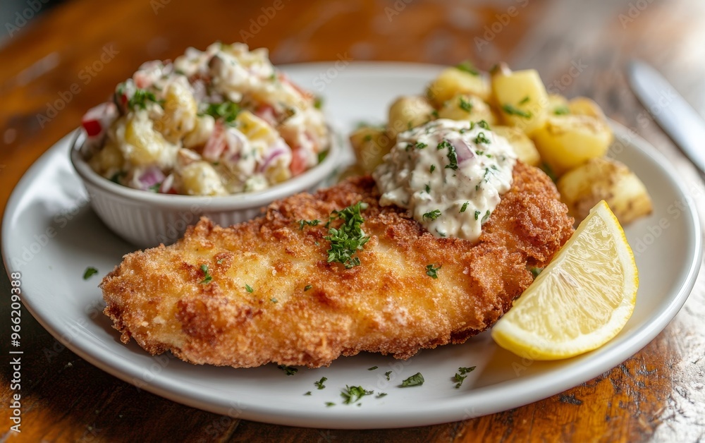 A plate featuring crispy fried fish, creamy salad, roasted potatoes, and a lemon wedge, showcasing a delicious meal.