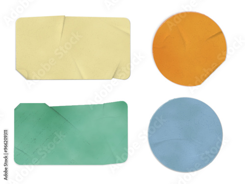 Glued wrinkles rectangular and round old paper sticker vector realistic icons set, crumpled label tapes different colors