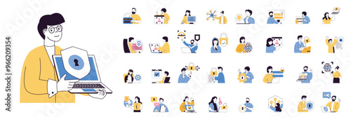 Cyber security concept mega set with character scenes in flat design for web. Bundle situations with people using protection system with identify scans, protecting with firewall. Vector illustrations.