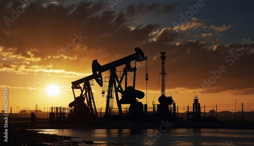 Sunset Over Oil Pumps in Silhouette