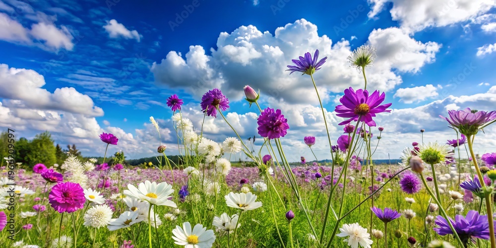 Lush purple and white wildflowers sway gently in the breeze, surrounded by lush greenery, against a bright blue Lush purple and white wildflowers sway gently in the breeze, surrounded by lush greenery, against a bright blue