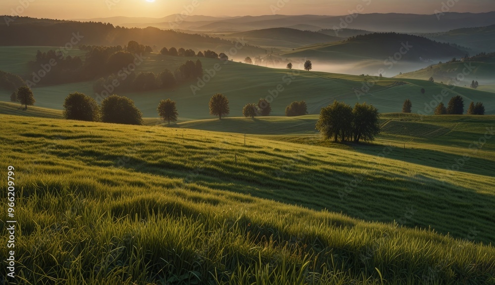 Obraz premium Serene Sunrise Over Rolling Hills