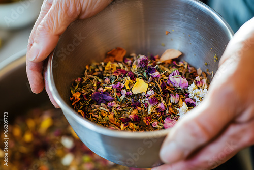 a person’s hands preparing an herbal tea blend, with dried flowers and herbs ready to be steeped