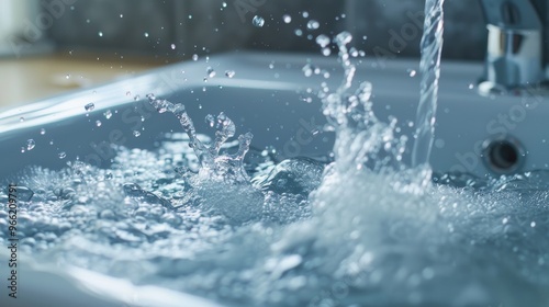 an image showing water being filled from a tap and overflowing from a container. High definition 