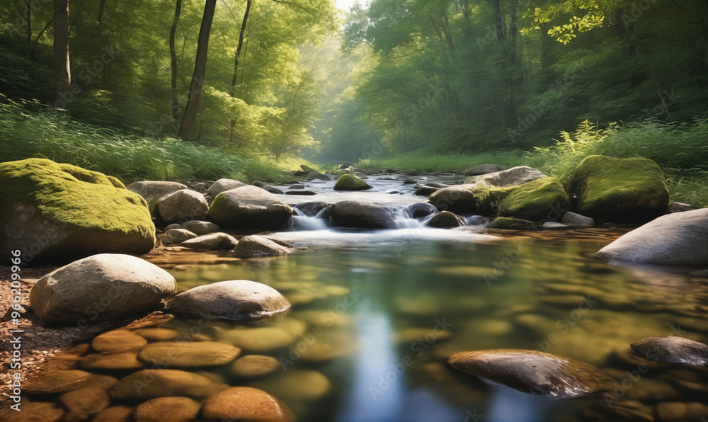 Fototapeta premium A clear stream flows through a lush forest, sunlight filtering through the leaves on a warm summer day