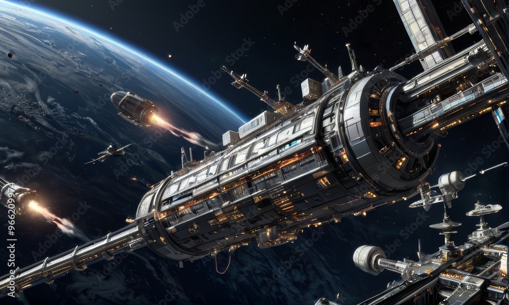 Futuristic Space Station Orbiting Earth Futuristic Space Station Orbiting Earth