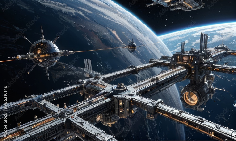 Futuristic Space Station Orbiting Earth Futuristic Space Station Orbiting Earth
