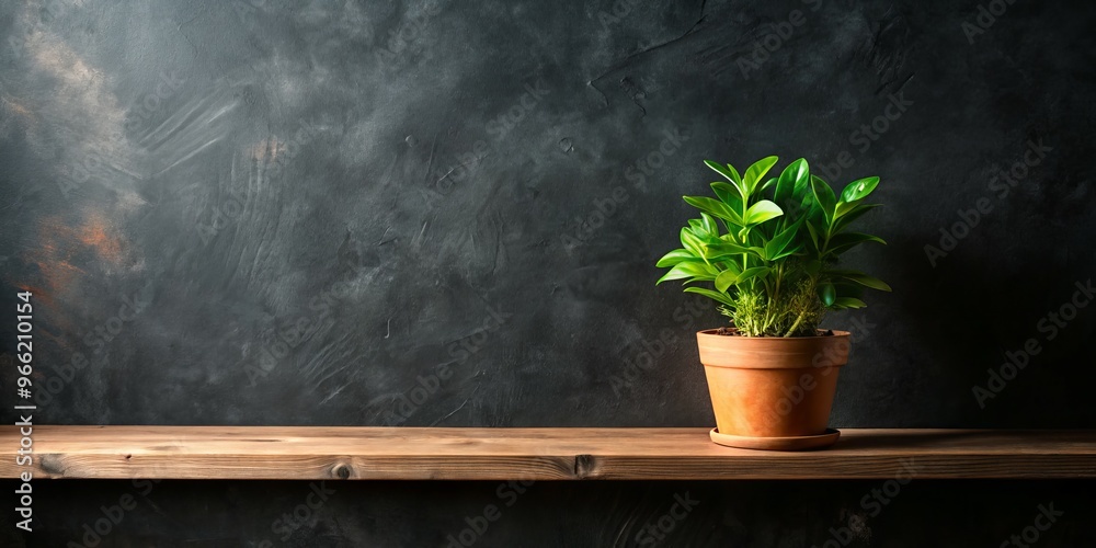Green Plant in Terracotta Pot on Wooden Shelf Against a Dark Grey Wall, plant, pot, shelf Green Plant in Terracotta Pot on Wooden Shelf Against a Dark Grey Wall, plant, pot, shelf