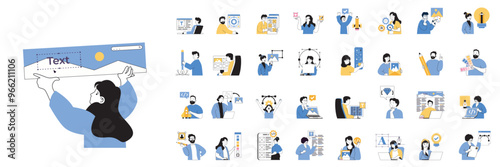 Design development concept set in flat design for web. Bundle situations with people creating interface layouts, selecting colors, drawing elements and content, making homepage. Vector illustrations.