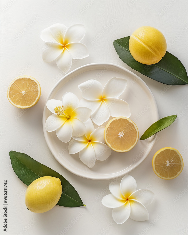 A white plate with a yellow lemon and white flowers on it A white plate with a yellow lemon and white flowers on it