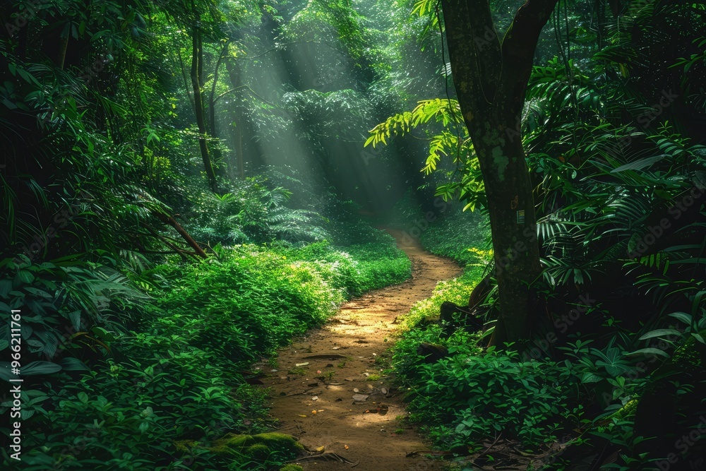 Obraz premium Sunlight filters through lush green foliage onto a serene forest path, creating a tranquil and enchanting natural scene.