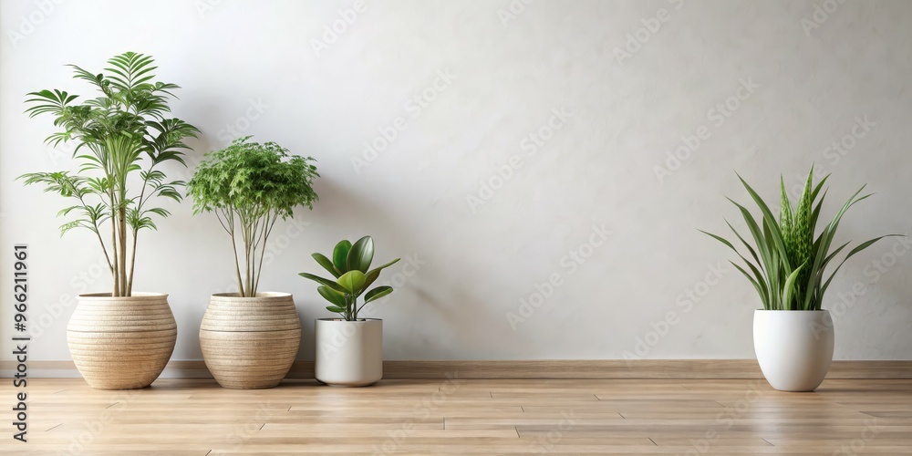 Fototapeta premium Minimalist Interior Design with Green Plants in Pots on Wooden Floor, Interior Design, Plant Decor, Home Decor