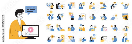 Digital business concept set in flat design for web. Bundle situations with people create content plan, analyzing data, using marketing tools for attracting global clients. Vector illustrations.