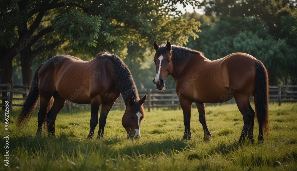 Serene Horses Grazing in Meadow