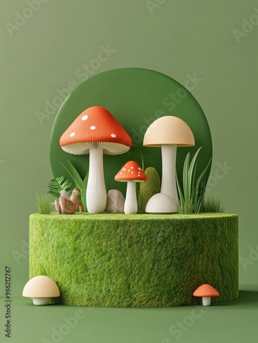 A 3D  of a mossy green podium with three forest mushrooms, showcasing a natural and whimsical scene. The podium is surrounded by greenery, adding to the enchanting ambiance. The mushrooms are arranged photo