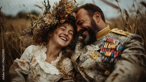 A man in a decorated uniform and a girl in vintage clothes laugh joyfully while sitting in a field, surrounded by dry plants and embracing each other, showcasing fun and connection. photo