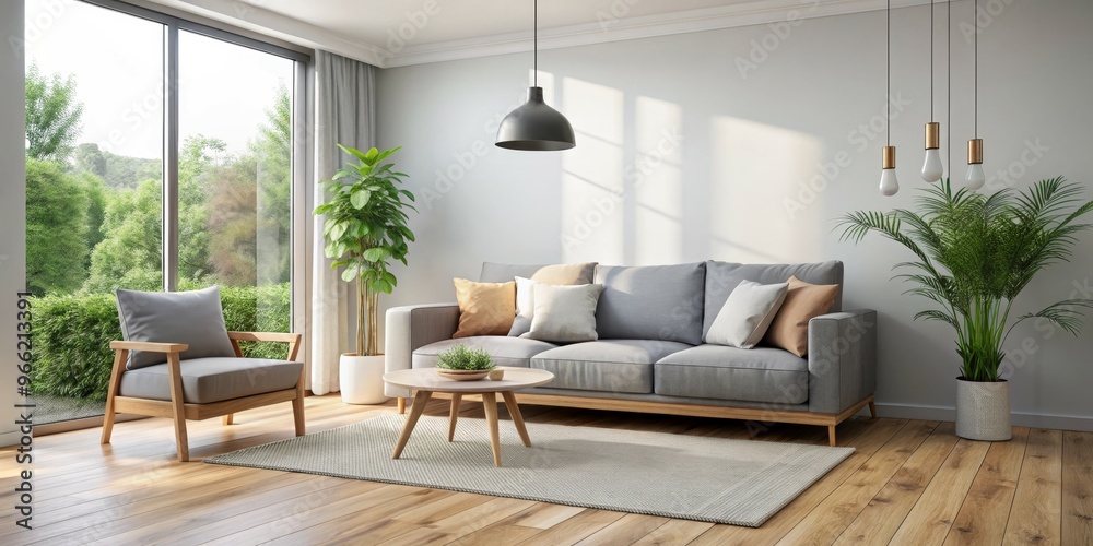 Fototapeta premium Modern Living Room Interior Design with Grey Sofa and Wooden Floor, 3D Render, Living Room, Interior Design, Modern