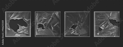 Cover made of damaged polyethylene texture vector set, plastic vinyl torn wrap, square transparent overlay cling film
