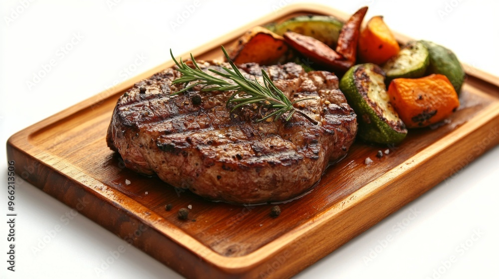 A perfectly cooked steak served on a wooden platter with a side of roasted vegetables and a sprig of rosemary, highlighting its juicy texture and flavor. A perfectly cooked steak served on a wooden platter with a side of roasted vegetables and a sprig of rosemary, highlighting its juicy texture and flavor.
