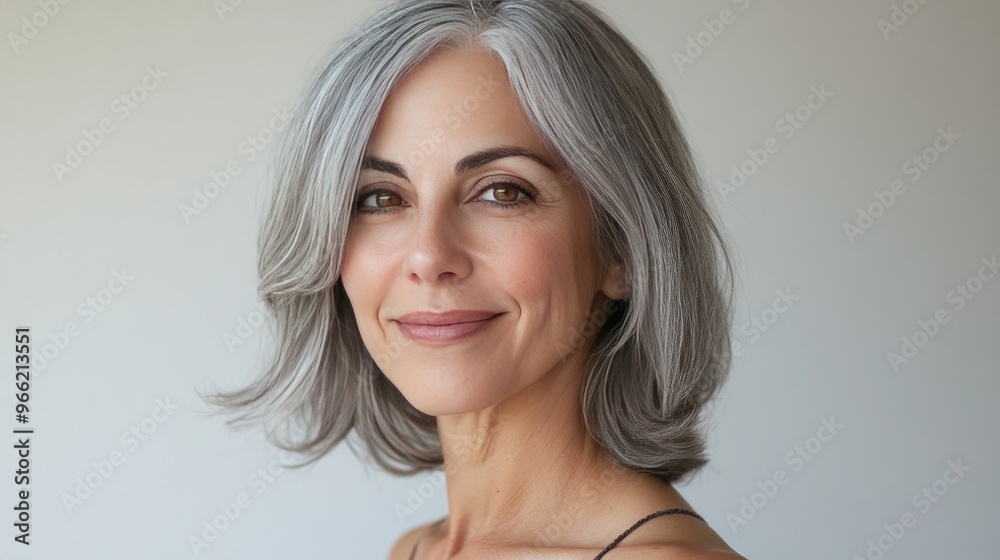 Naklejka premium A portrait of a mature woman with elegant gray hair and a warm smile, showcasing her healthy skin and timeless beauty against a simple, clean backdrop.