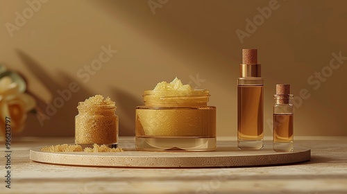 a transparent jar with cream with no label, a bottle with body scrub, a transparent bottle with body oil. this picture should have a soothing effect that imbibes the essence of ayurveda  photo