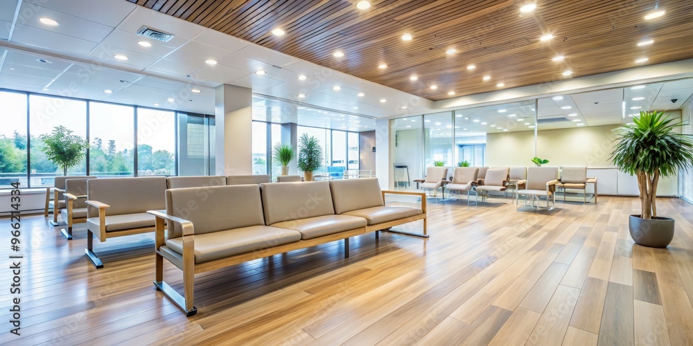 Modern Office Lobby with Wood Ceiling, White Walls and Wooden Flooring, Waiting Area with Beige Sofas and Chairs, Plants, and Large Windows, Office Interior Design, Waiting Room Modern Office Lobby with Wood Ceiling, White Walls and Wooden Flooring, Waiting Area with Beige Sofas and Chairs, Plants, and Large Windows, Office Interior Design, Waiting Room