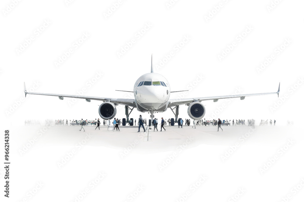 Plan on airport and passengers are walking around the plan Plan on airport and passengers are walking around the plan