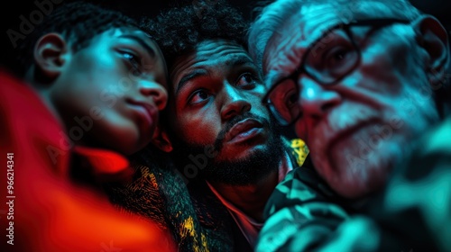 This moody image captures three people from different generations, showcasing tender moments and deep connections in a creative play of colorful lighting.