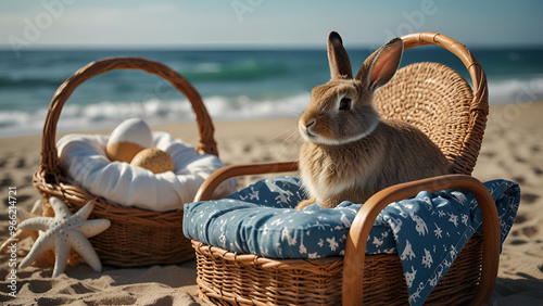 Bunny or rabbit sitting on lounge chair, basket with sea stars, easter holiday, Easter vacation by the sea. photo