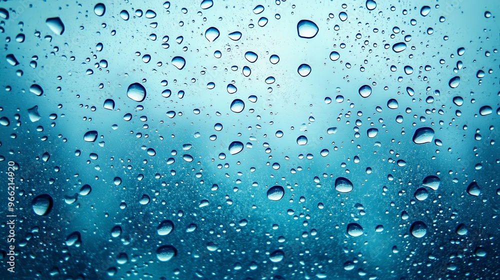 Water and rain drops on the glass, abstract view, Drops of rain on blue glass background / drops on glass after rain Water and rain drops on the glass, abstract view, Drops of rain on blue glass background / drops on glass after rain