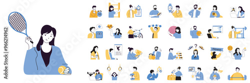 Fitness concept mega set with character scenes in flat design for web. Bundle situations with people playing tennis, doing training, exercising with gym ball, lifting barbell. Vector illustrations.