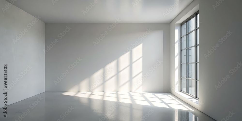 Fototapeta premium Sunlight Streaks Through a Window in a White Room, 3D Render, Empty Space, Minimalism, Modern, Interior Design , sunlight