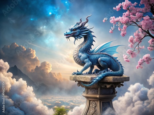 Majestic blue dragon figurine perched on ancient stone pedestal, surrounded by misty swirling clouds and delicate