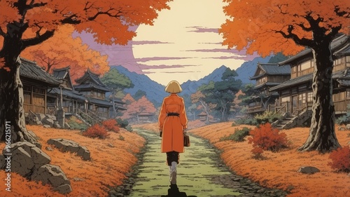 Wallpaper in anime style, landscape of autumn park combined with halloween