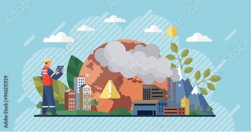 Air pollution vector illustration. Contamination is dark shadow cast by sinister hand air pollution The protective armor our ecological warriors is tested in face rampant air pollution