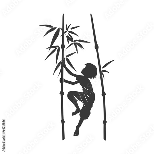 A Silhouette of a Child Climbing Bamboo Poles