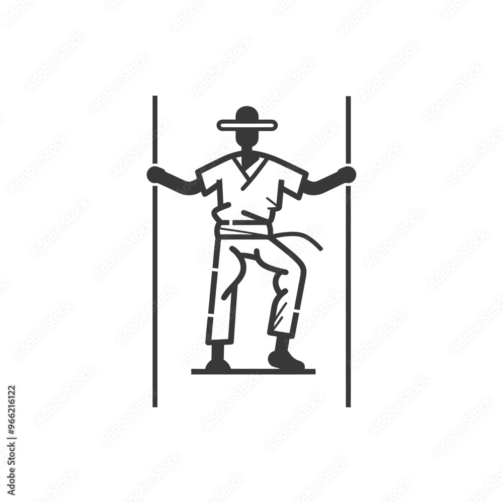 A man in a hat and traditional clothing stands between two poles A man in a hat and traditional clothing stands between two poles