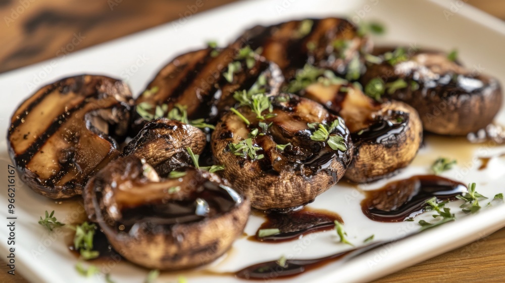 A plate of grilled mushrooms with a drizzle of balsamic glaze, garnished with herbs, showcasing a healthy and flavorful dish.